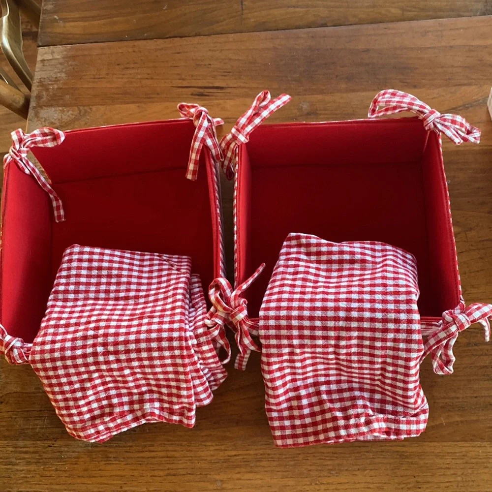 Sur La Table lot of 2 red & white gingham check flexible baskets with liners